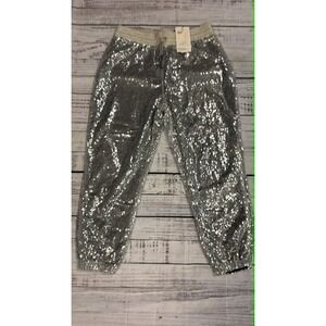 HAODUOYI Silver Sequin Joggers Womens XL Shiny Party Pants Elastic Waist NWT
